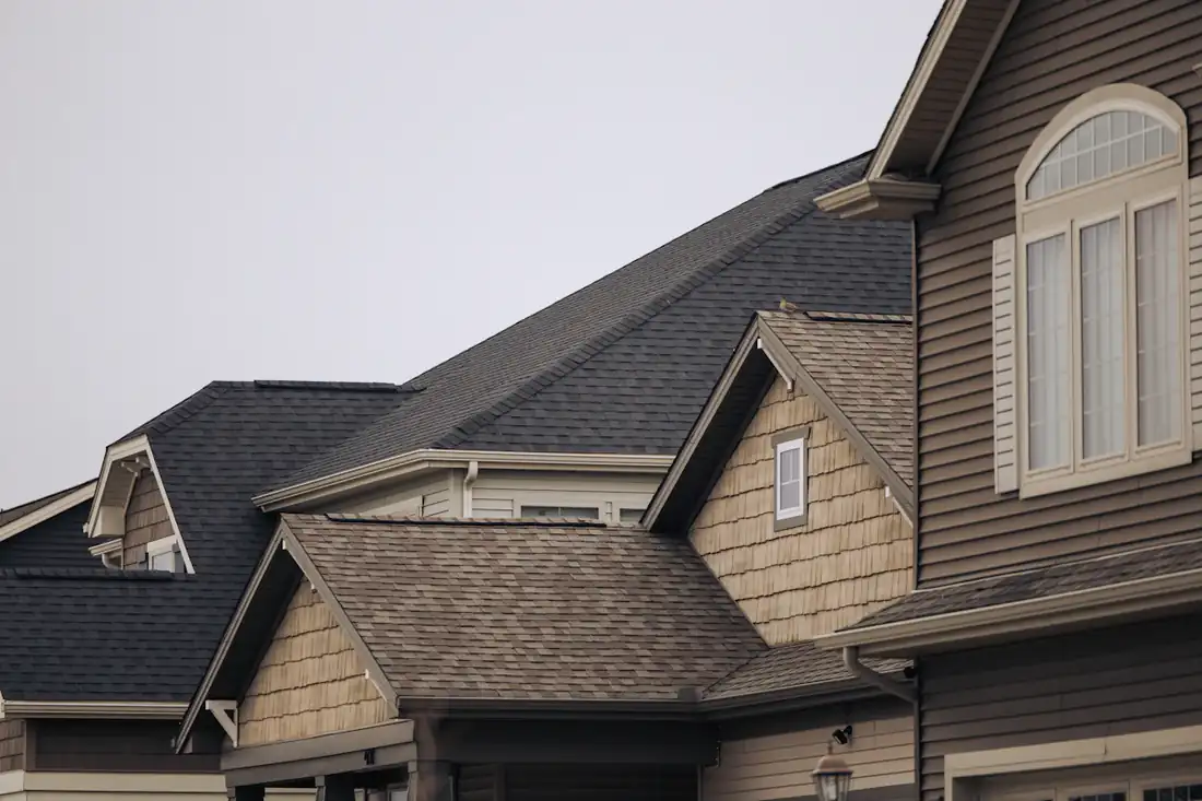 Rooflines of newer houses with asphalt shingles and shake-style siding