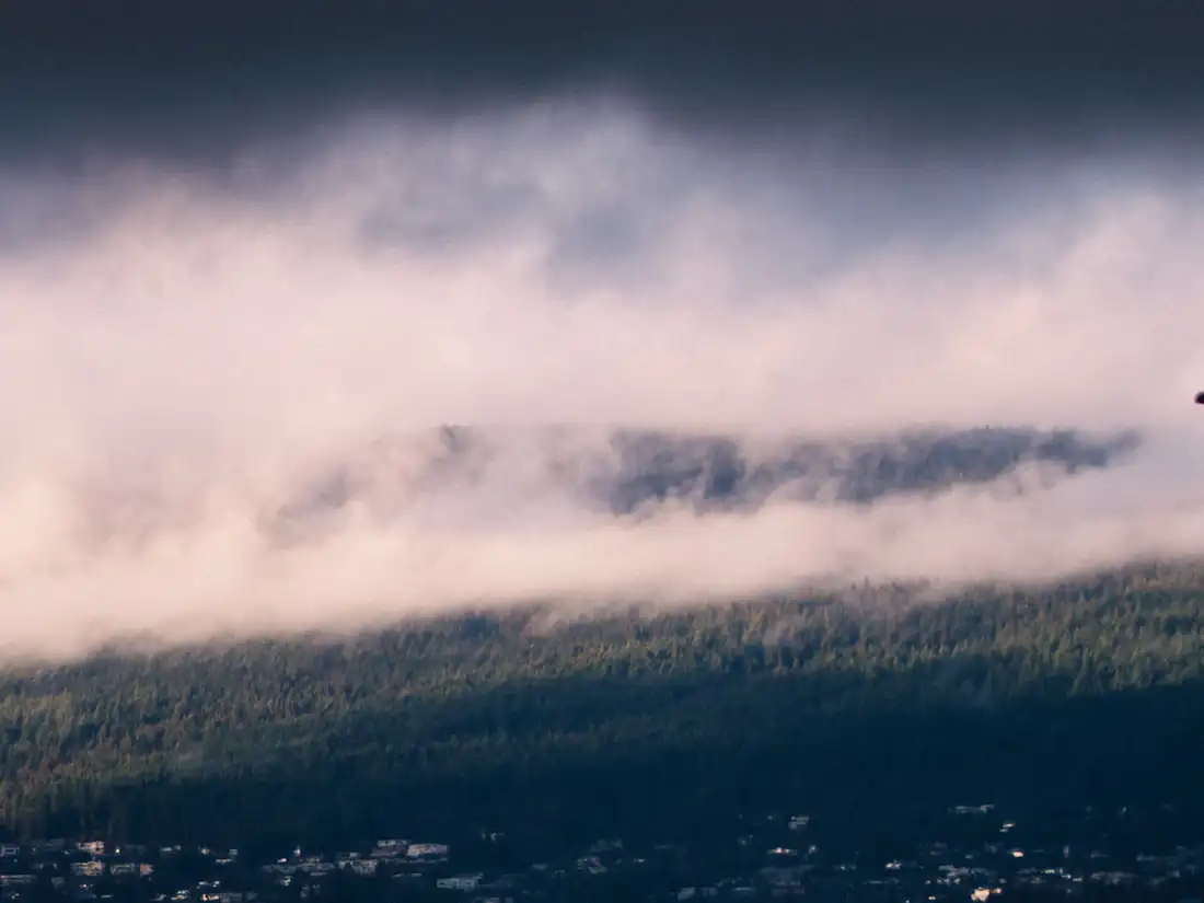 Low cloud over the forested North Shore mountains above houses