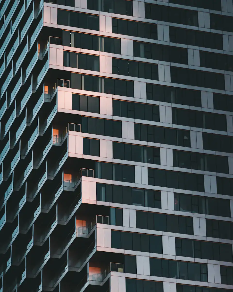 Facade of a residential tower with stacked balconies